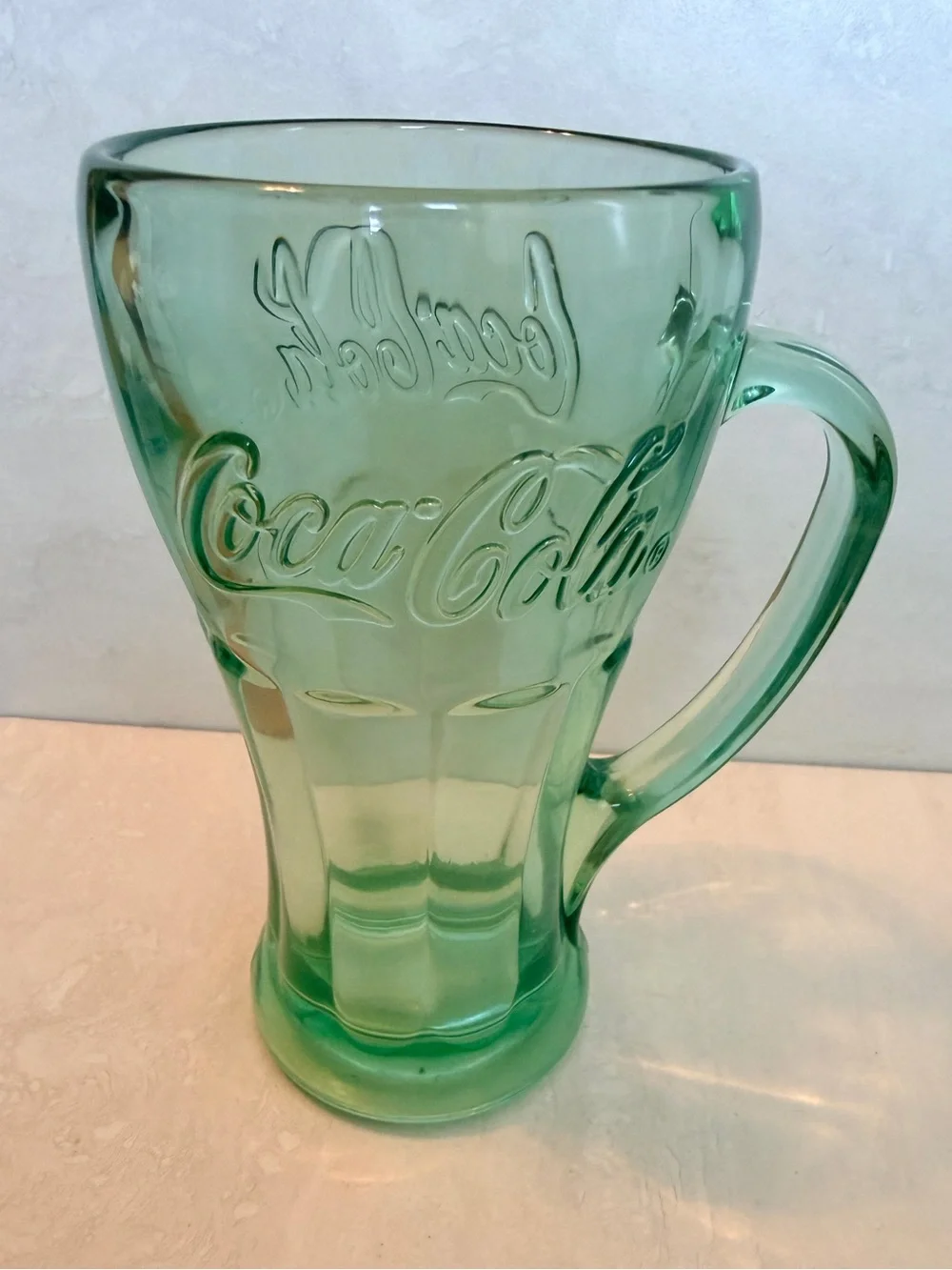 Vintage Coca Cola Green Embossed Glass Mug 6” Tall Heavy Handle Glass 70's